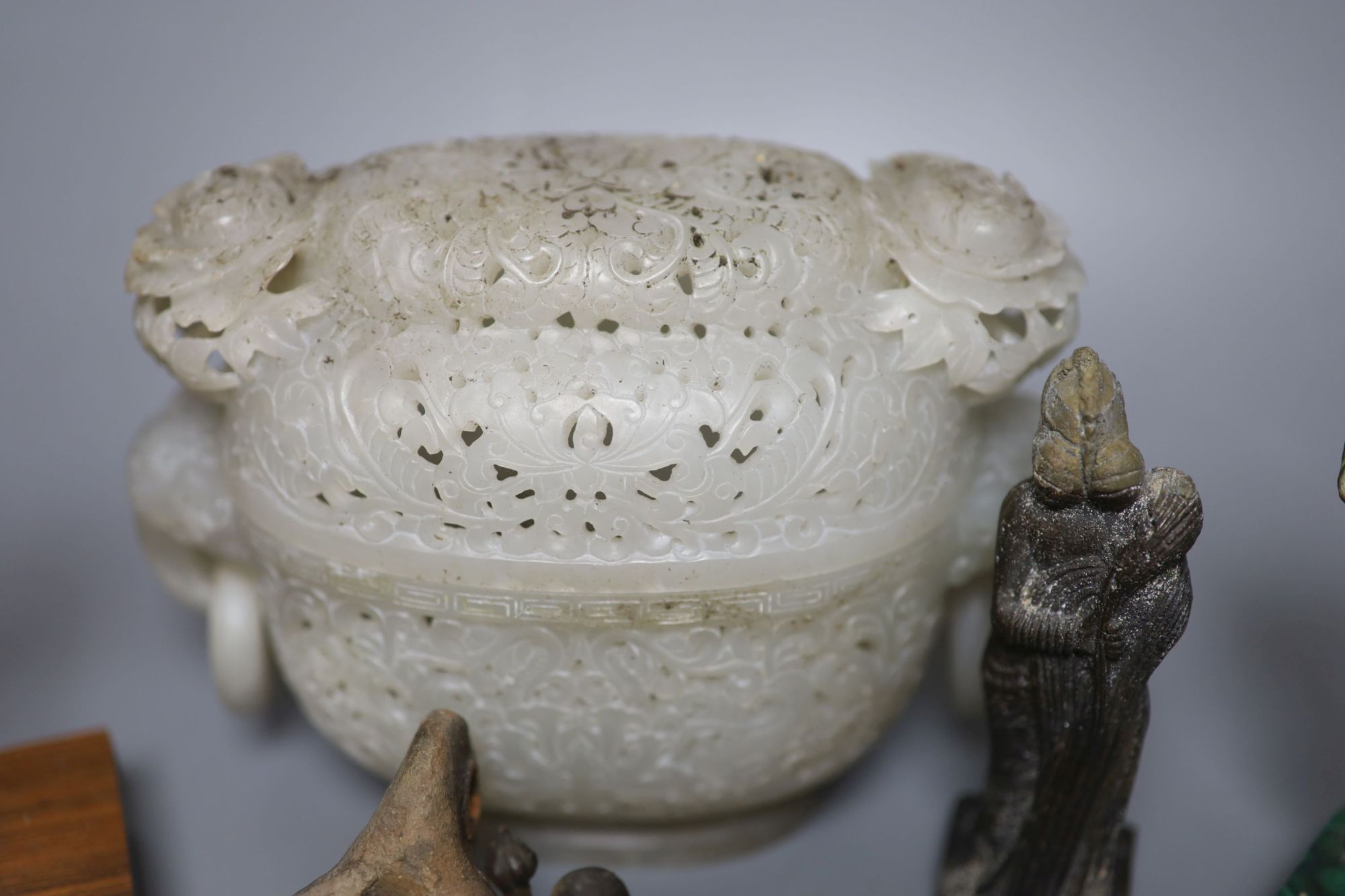 A Chinese jade censer and cover and various sculptures